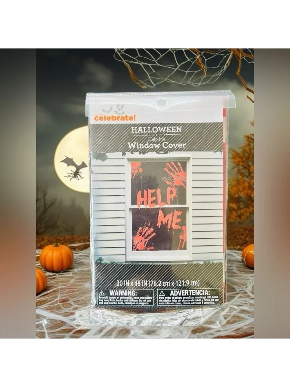 Halloween Scary Decor Bundle- 2x Window Covers, 3x Spider Webs, 3x Bags Spiders